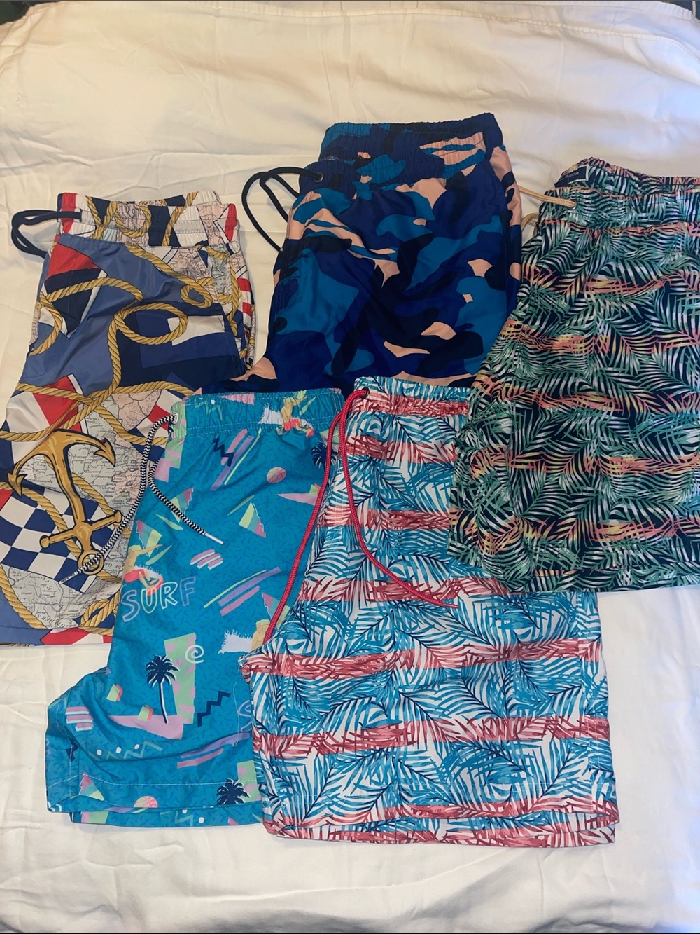 5 Mixed Pattern Swim Trunks Lot - Tropical, Camouflage & Nautical Prints - OBO